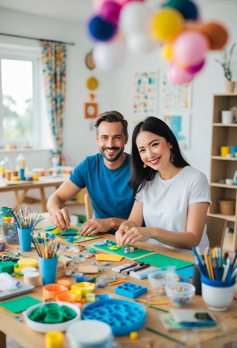 A couple sits at a table covered in art supplies, working on a craft project together. The room is filled with colorful materials and the couple is smiling as they learn a new hobby for their 32nd wedding anniversary