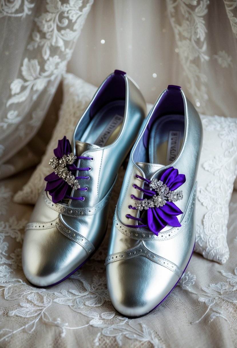 A pair of metallic silver wedding shoes adorned with purple and silver accents, resting on a delicate lace pillow