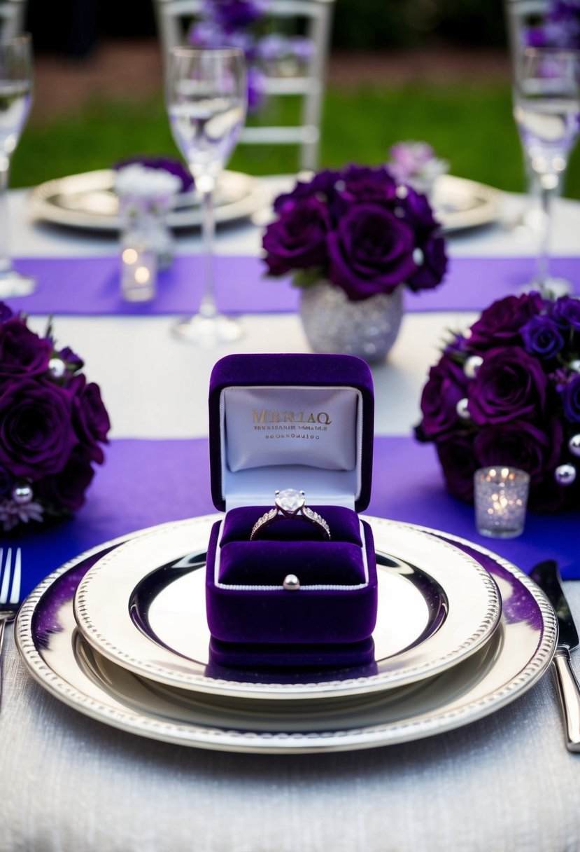 A purple velvet ring box with silver details sits atop a silver tablecloth, surrounded by purple and silver wedding decor