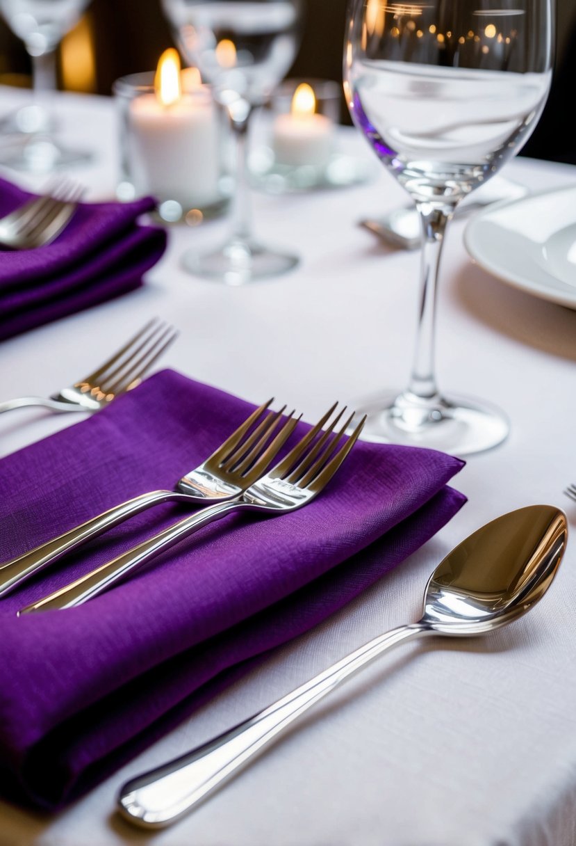 Purple napkins folded neatly beside silver cutlery on a white linen table setting