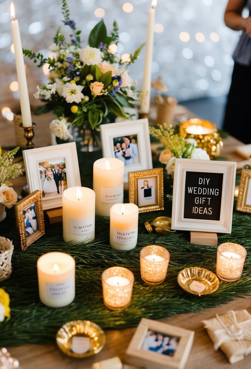 A table adorned with handmade candles, photo frames, and flower arrangements. A sign reads “DIY wedding gift ideas” with a variety of craft supplies