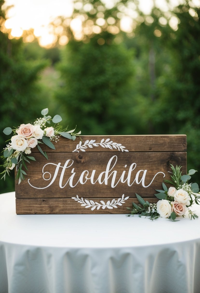 A rustic wooden sign with the couple’s last name carved or painted on it, surrounded by delicate floral accents