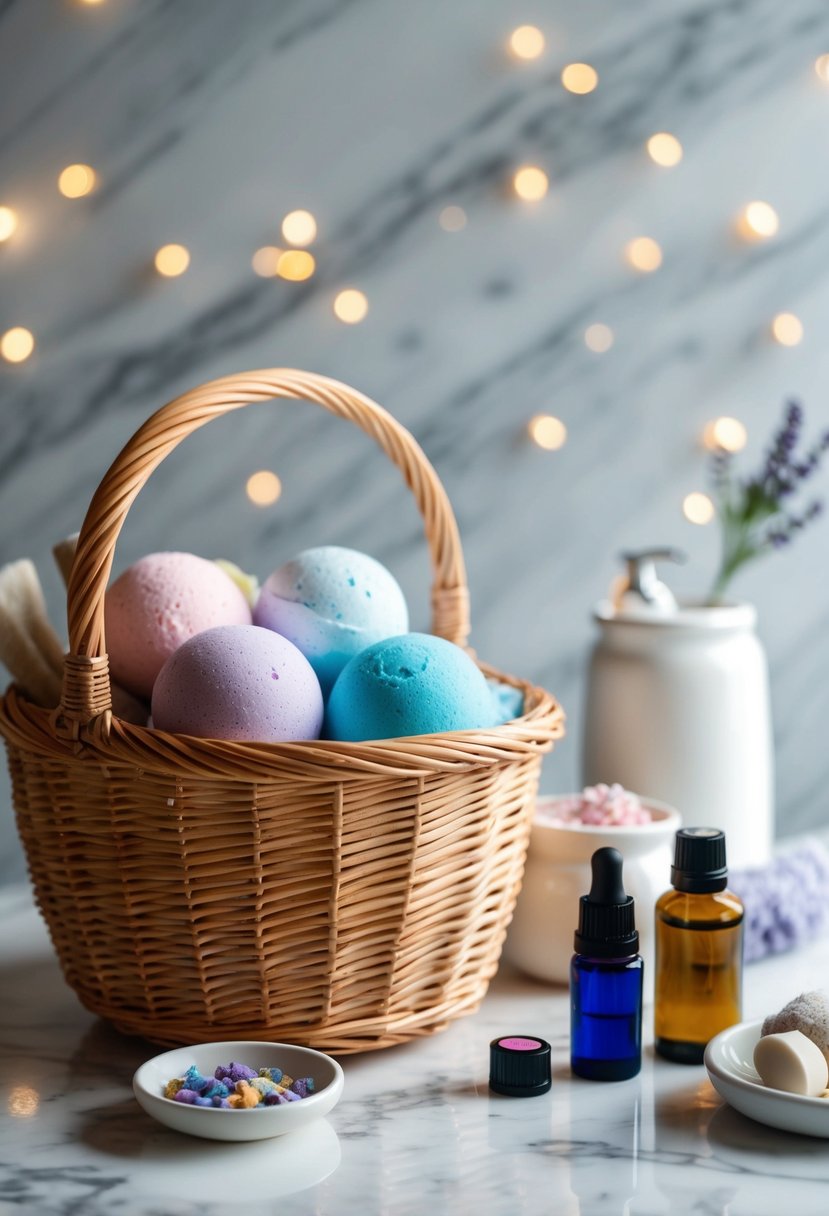 A wicker basket filled with homemade bath bombs, essential oils, and spa accessories sits on a marble countertop