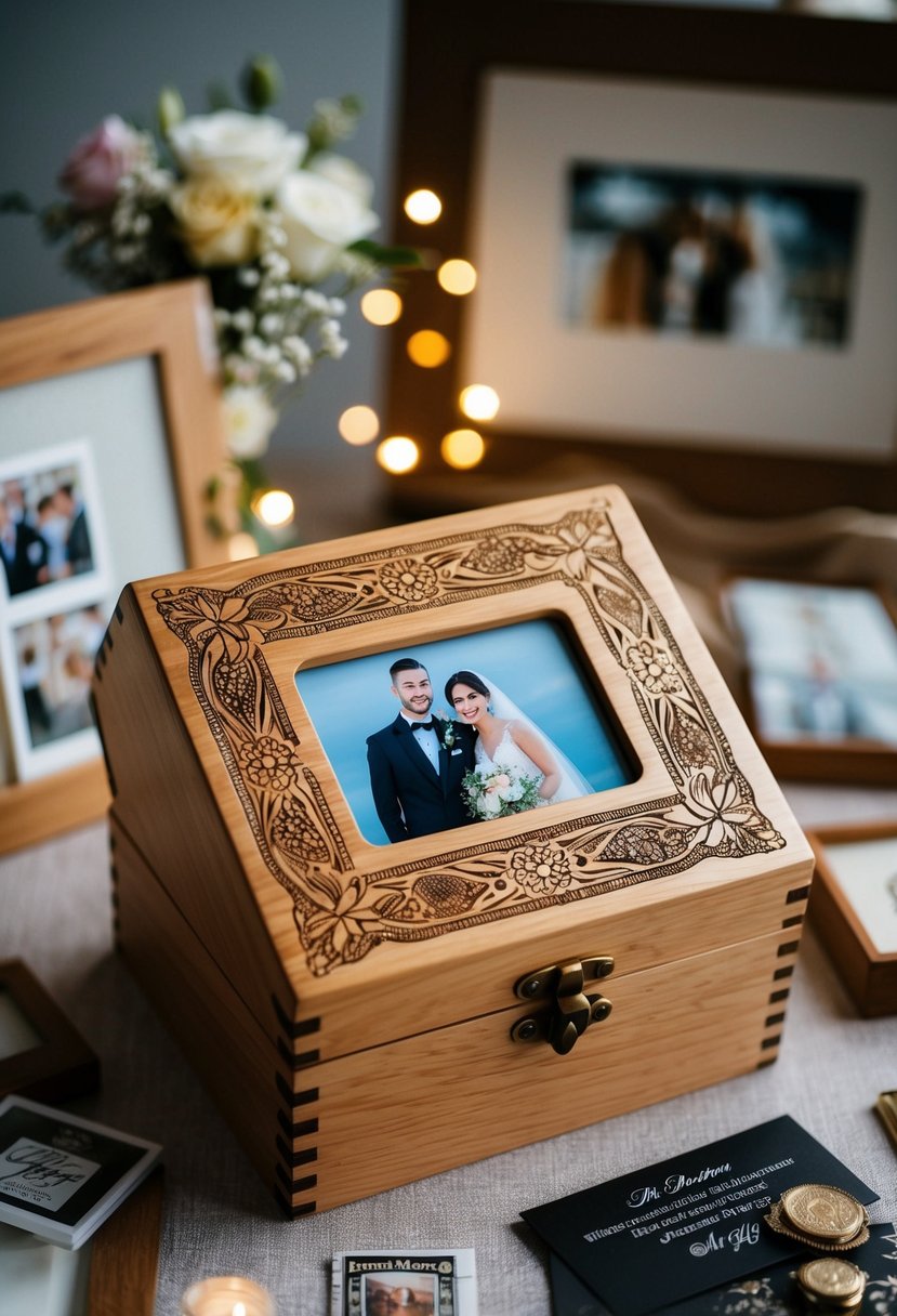 A wooden photo box with intricate hand-engraved designs, surrounded by wedding memorabilia and soft lighting