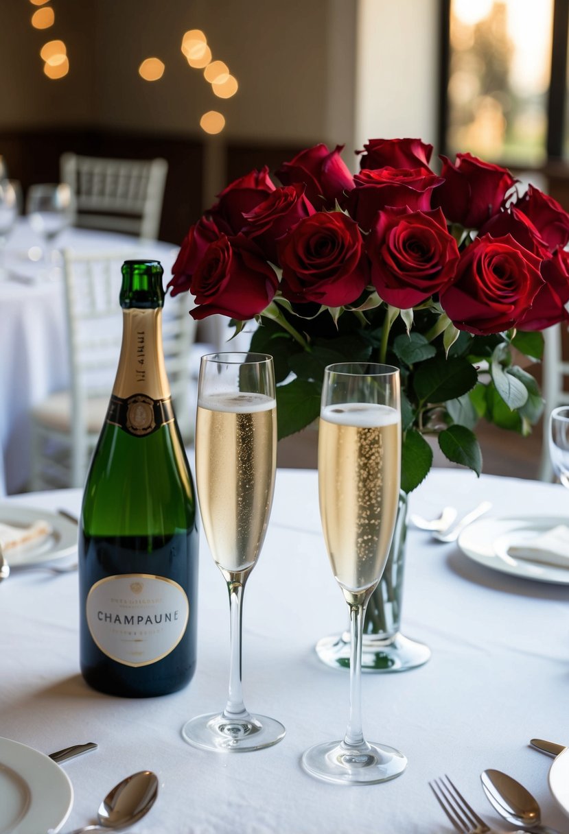 A table set with a white tablecloth, adorned with a bouquet of red roses and a bottle of champagne on ice. Two elegant champagne flutes sit ready for a toast