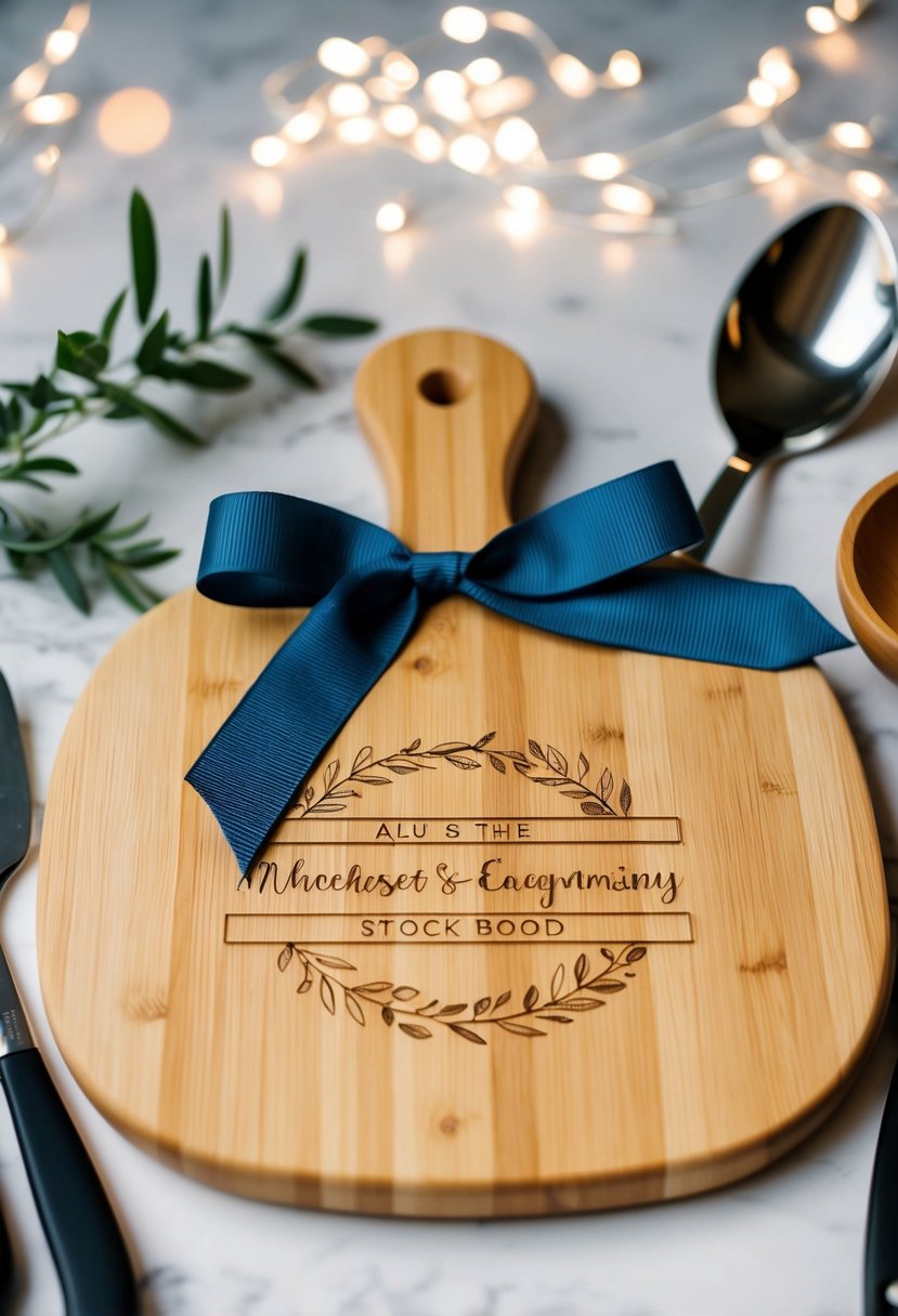 A wooden cutting board with personalized engraving, surrounded by kitchen utensils and tied with a ribbon