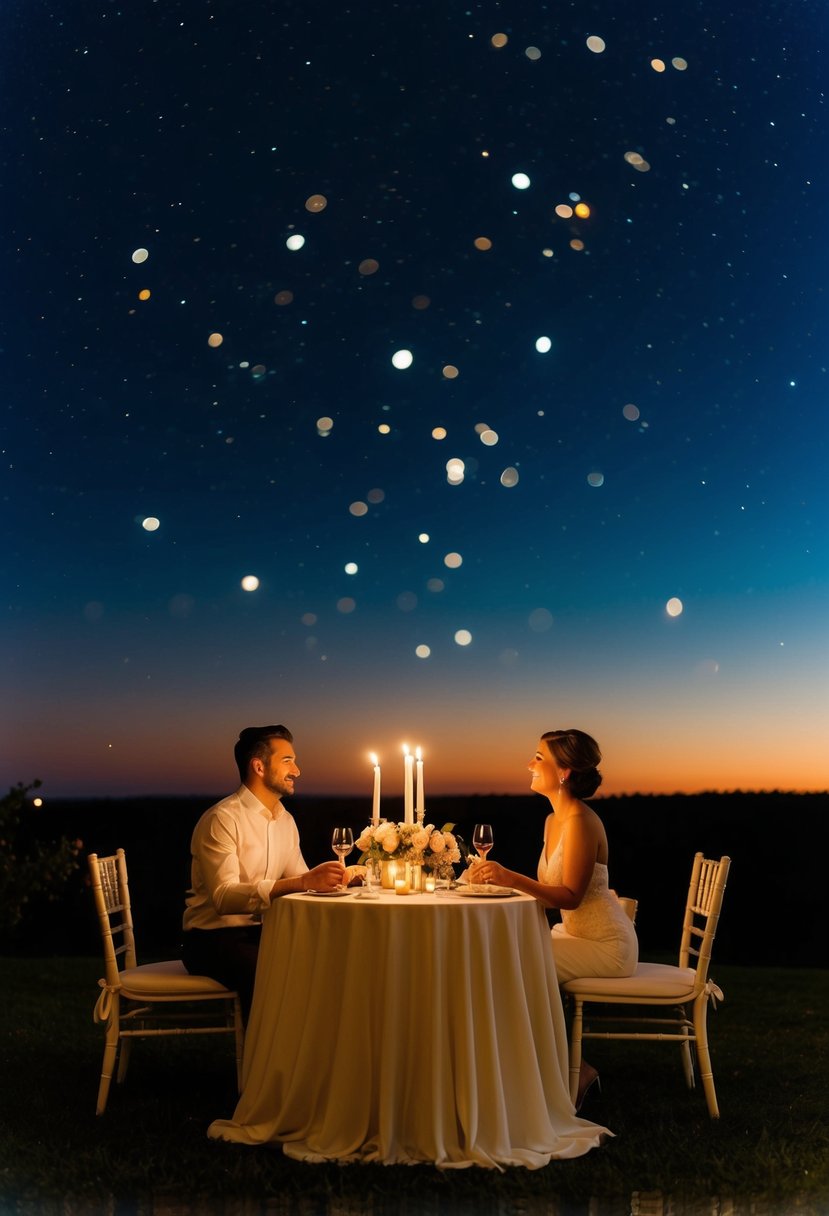 A candlelit table sits under a starry sky, adorned with flowers and wine. A gentle breeze rustles the tablecloth as the couple savors their 35th anniversary