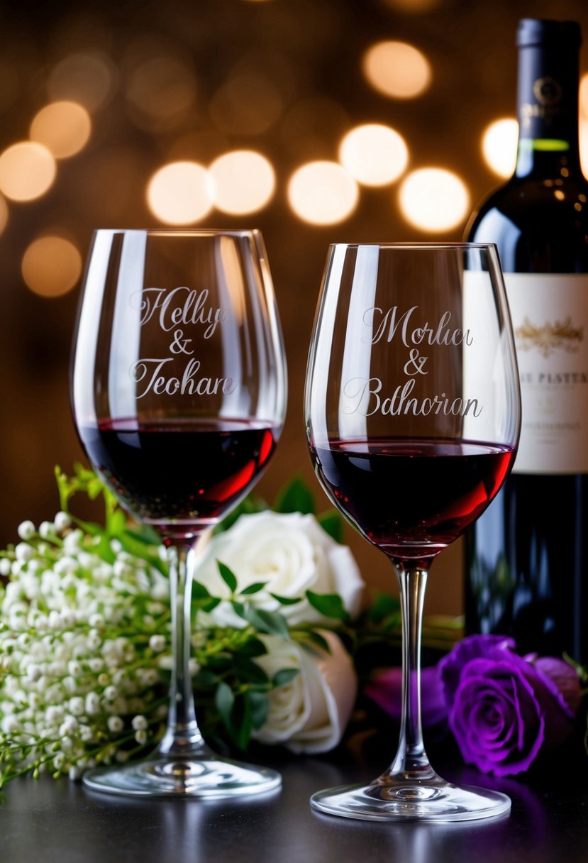 Two personalized wine glasses with elegant designs and the names of the newlyweds etched onto the glass, surrounded by a bouquet of flowers and a bottle of wine