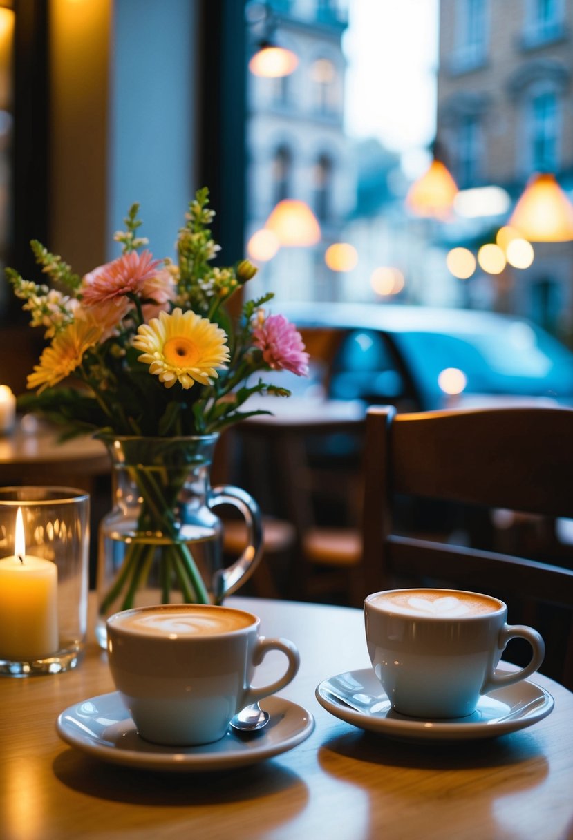 A cozy cafe with a candlelit table, two empty coffee cups, and a vase of fresh flowers