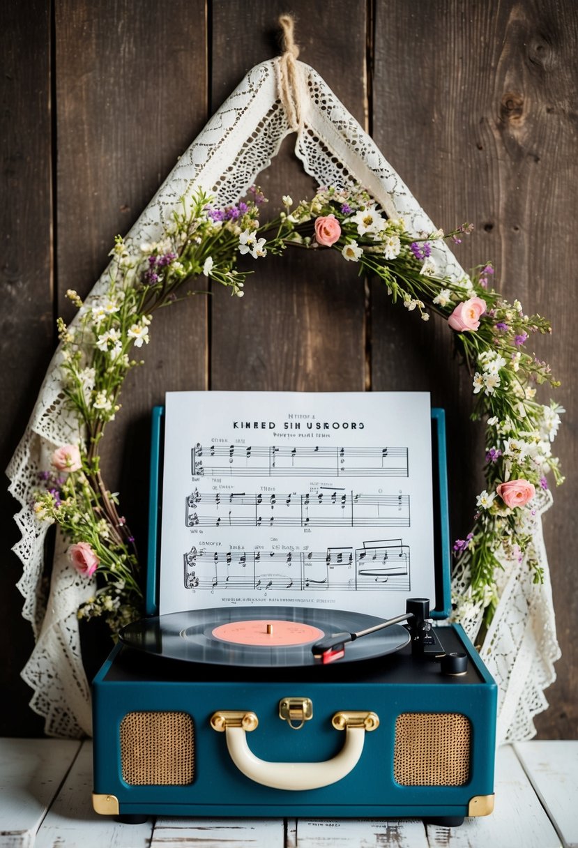 A vintage record player with a floral wreath and sheet music, framed by delicate lace and hanging on a rustic wooden wall