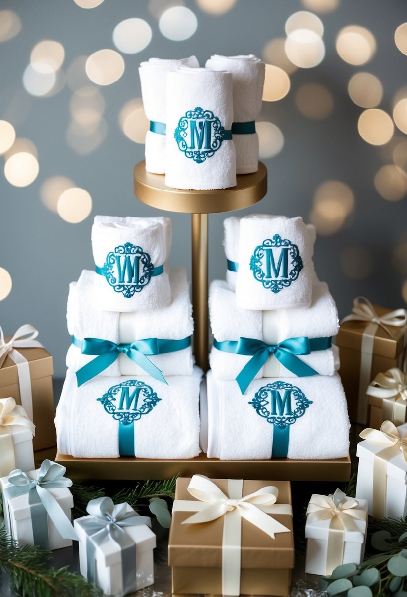 A set of monogrammed towels arranged in a decorative display, surrounded by DIY wedding gift supplies