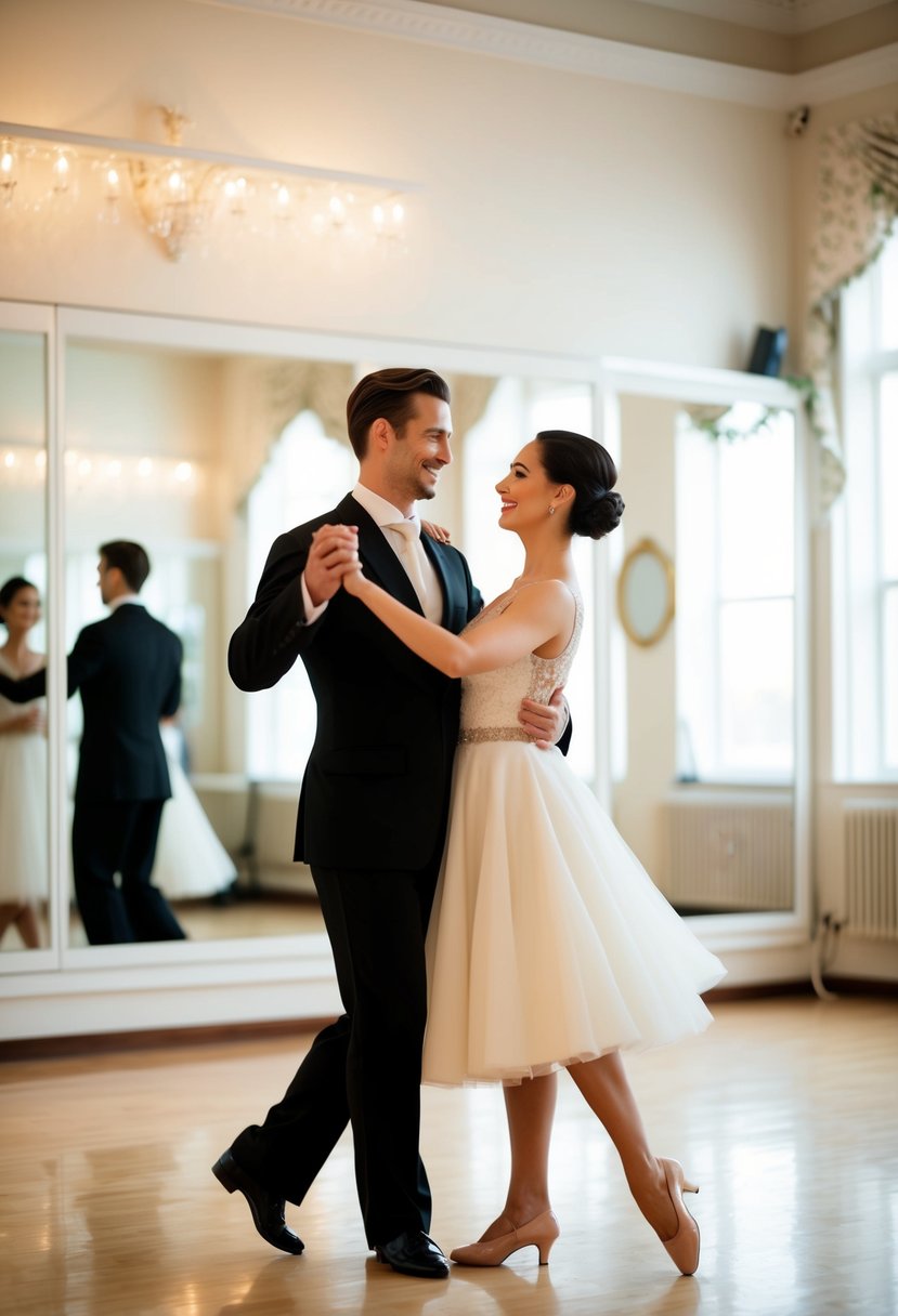 A couple gracefully waltzing in a brightly lit dance studio, surrounded by mirrors and elegant decor