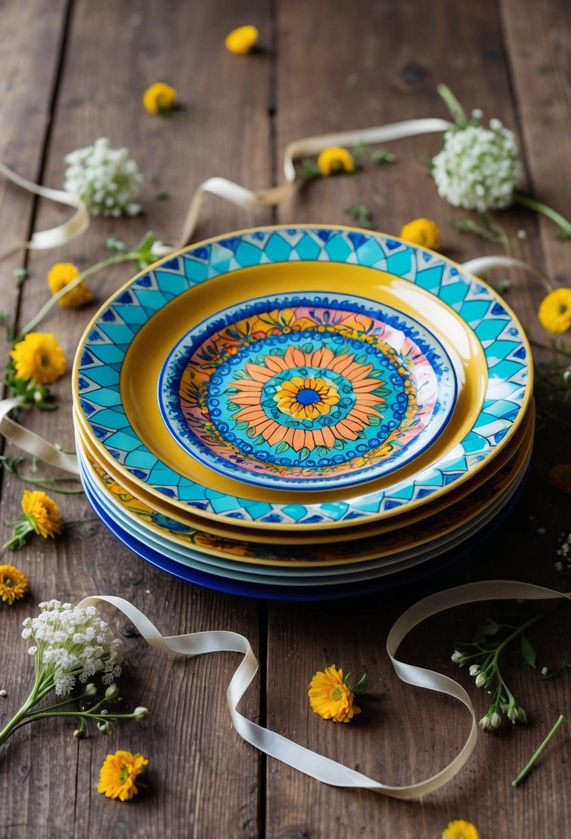 Colorful patterned dinner plates arranged in a circular stack, surrounded by scattered floral decorations and ribbon, set on a rustic wooden table