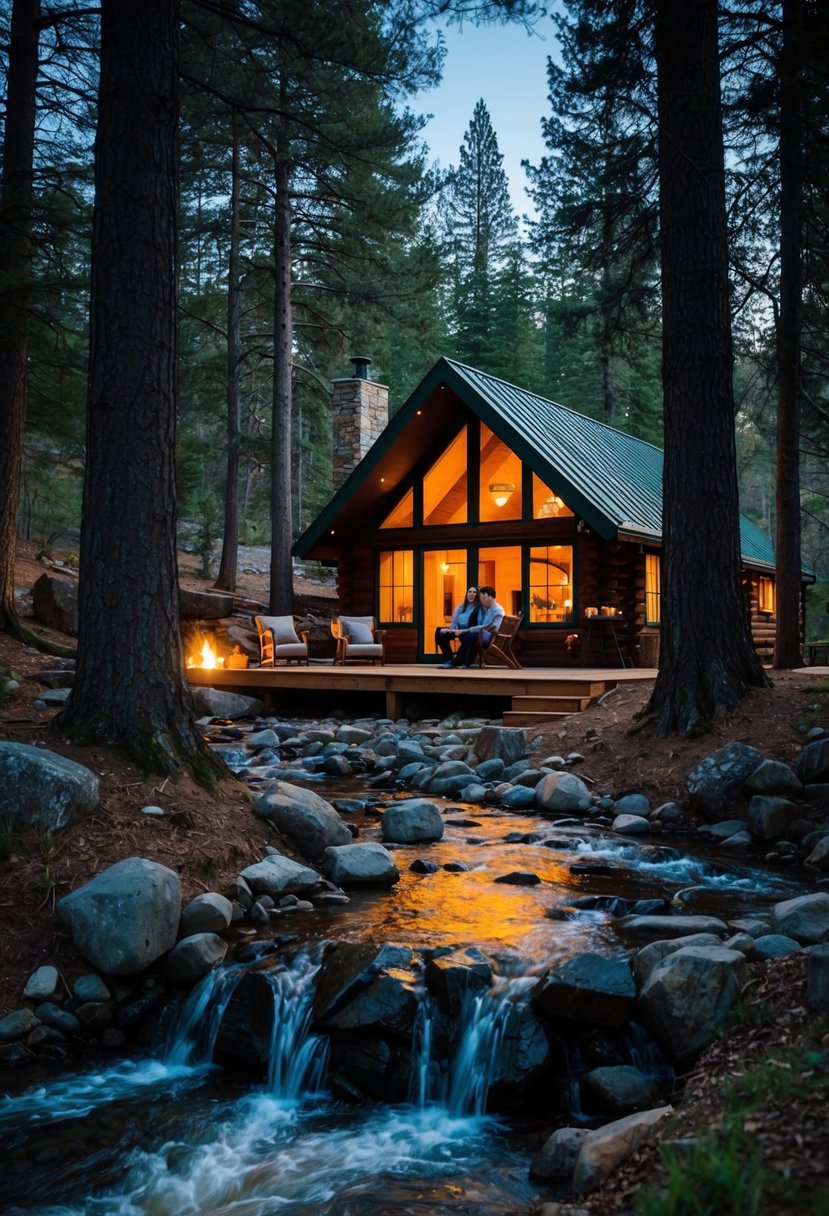 A cozy cabin nestled in the woods, surrounded by tall trees and a bubbling creek. A warm fire crackles inside, and a couple enjoys a peaceful weekend getaway