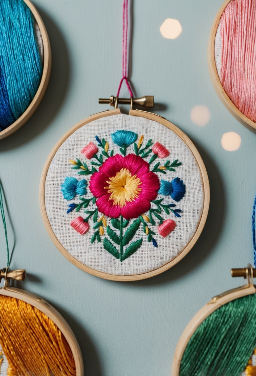 An embroidery hoop with floral design hangs on a wall, surrounded by other hoops and colorful threads