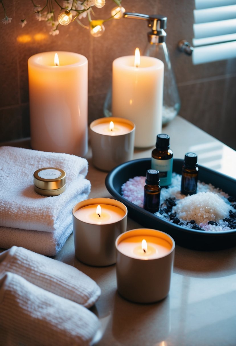 A cozy bathroom with candles, fluffy towels, and a bath tray filled with essential oils and bath salts. A plush robe and slippers are laid out nearby