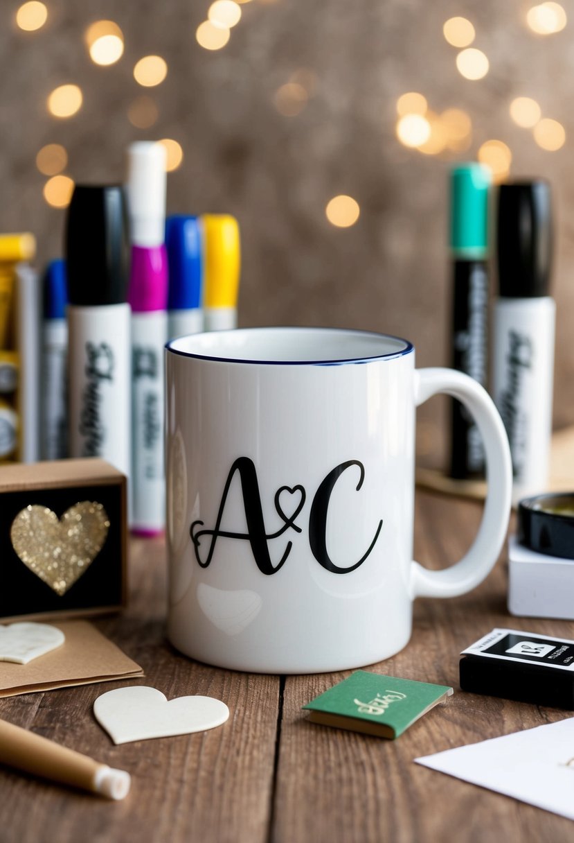 A marker mug with the initials of a couple, surrounded by art supplies and DIY wedding gift materials