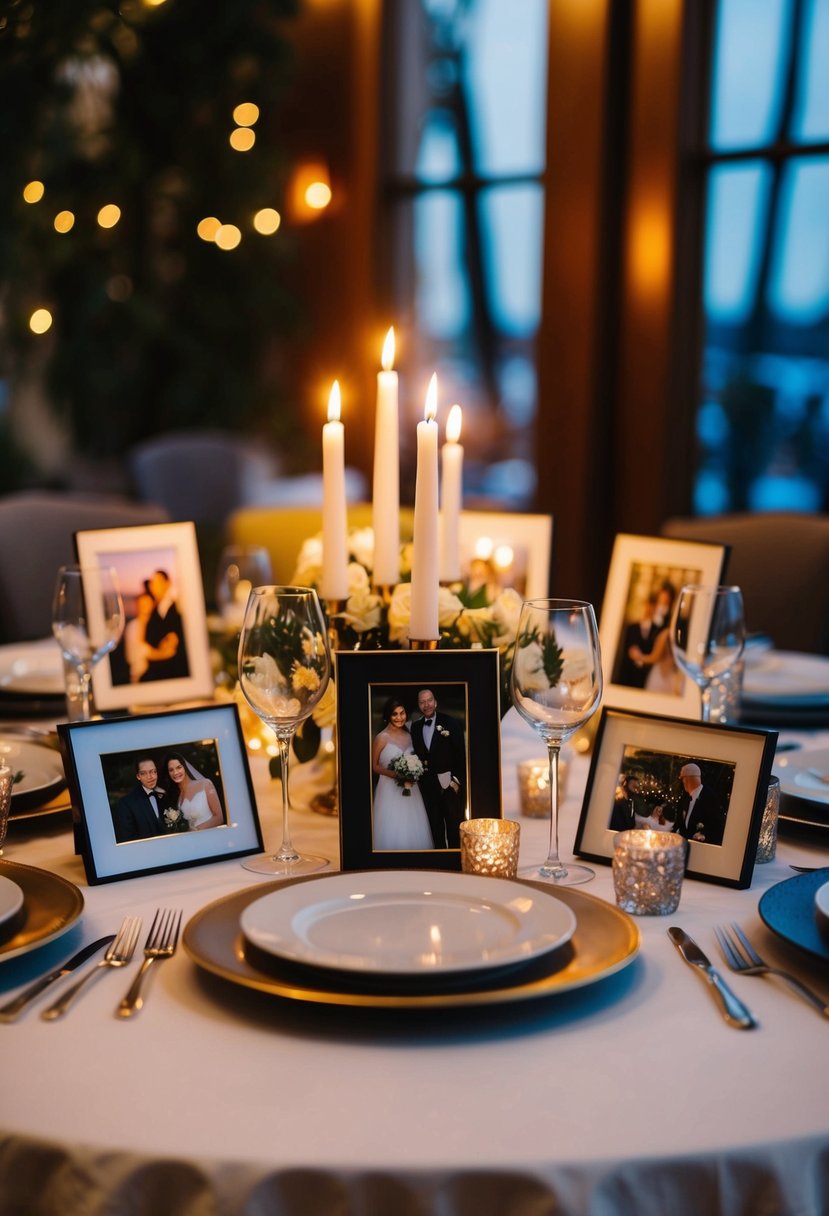 A table set with a candlelit dinner, surrounded by framed photos from the couple's 35 years together