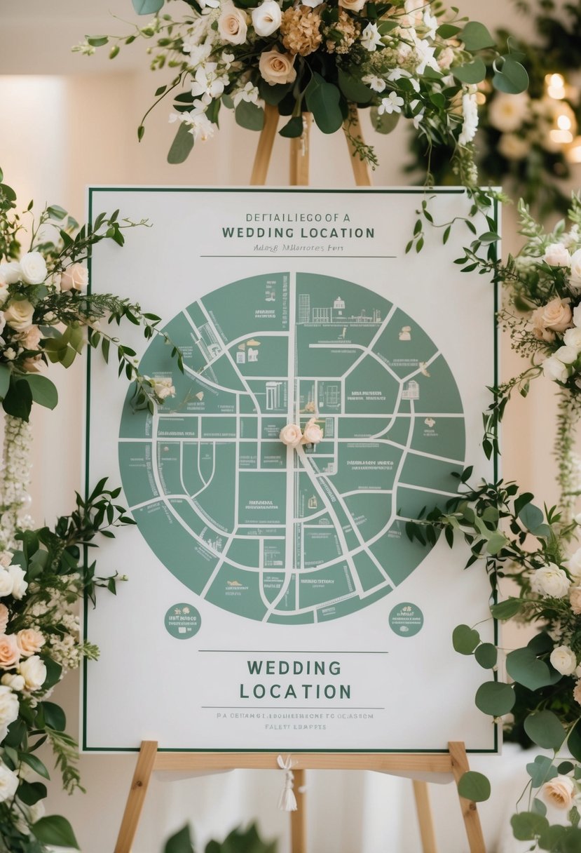 A detailed map of a wedding location, surrounded by delicate floral arrangements and personalized decorations