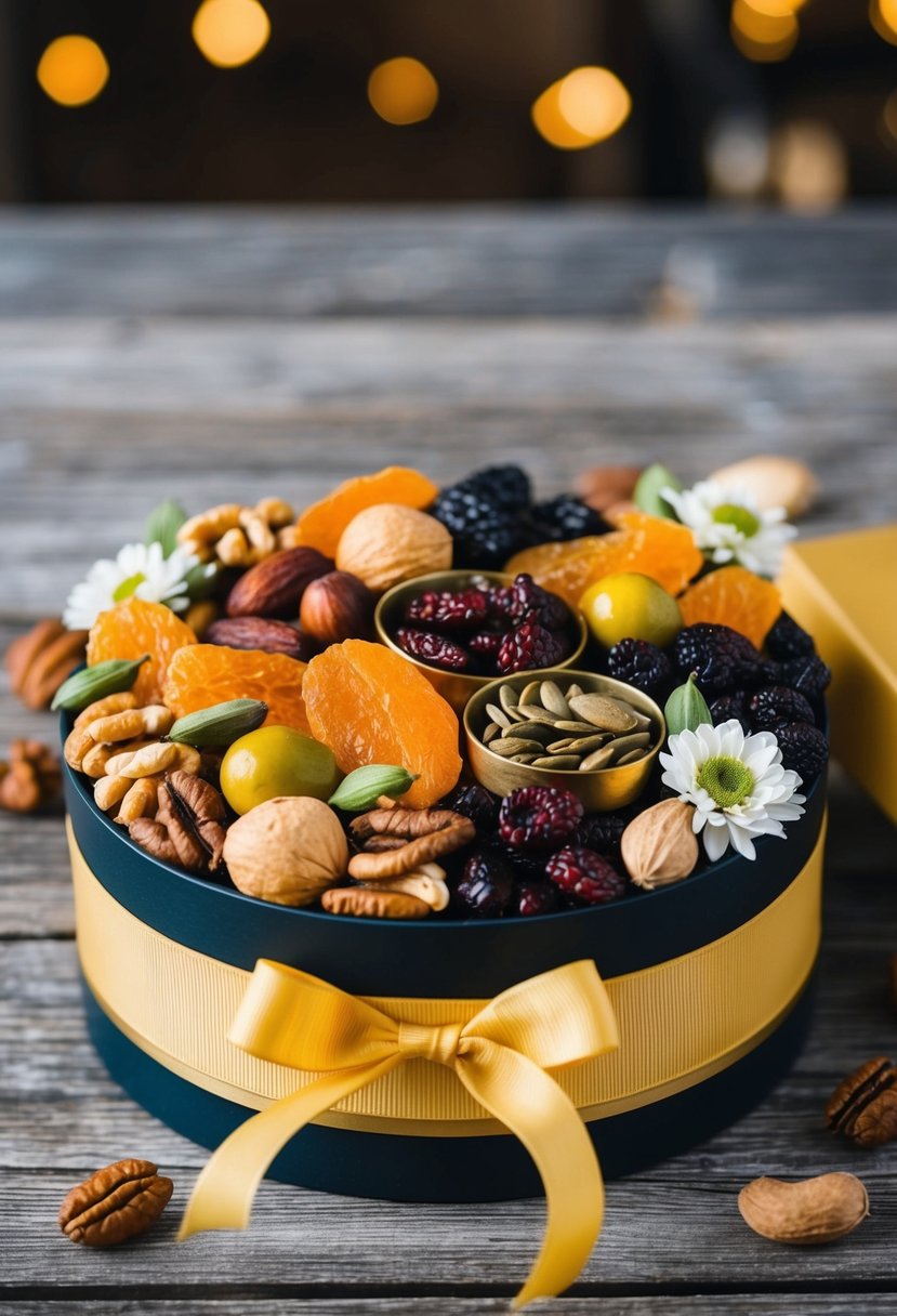 A decorative gift box filled with an assortment of dried fruits, nuts, and seeds, tied with a ribbon and adorned with floral accents