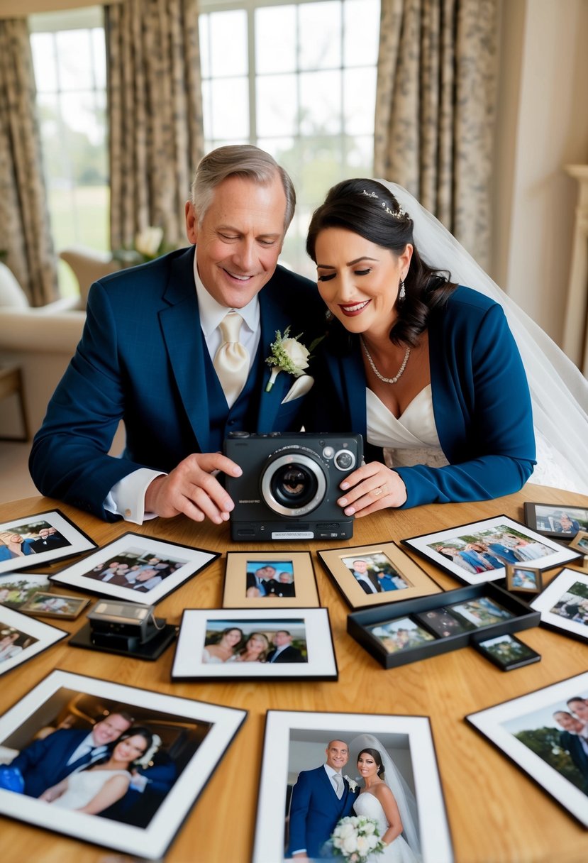 A couple watches their wedding video, surrounded by photos and mementos from their 35 years together