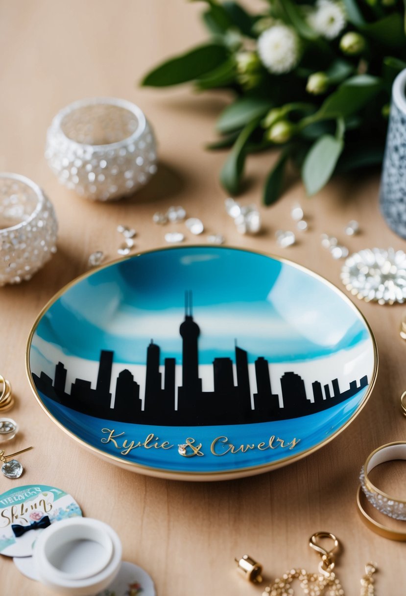 A skyline jewelry dish with personalized details, surrounded by wedding-themed decor and DIY crafting materials