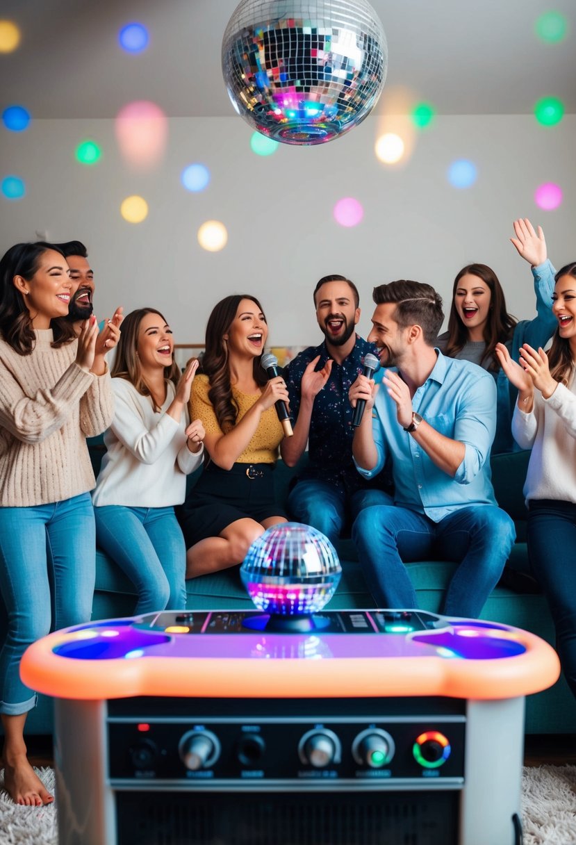 A cozy living room with a karaoke machine, disco ball, and colorful stage lights. A couple sings together surrounded by friends and family cheering and clapping