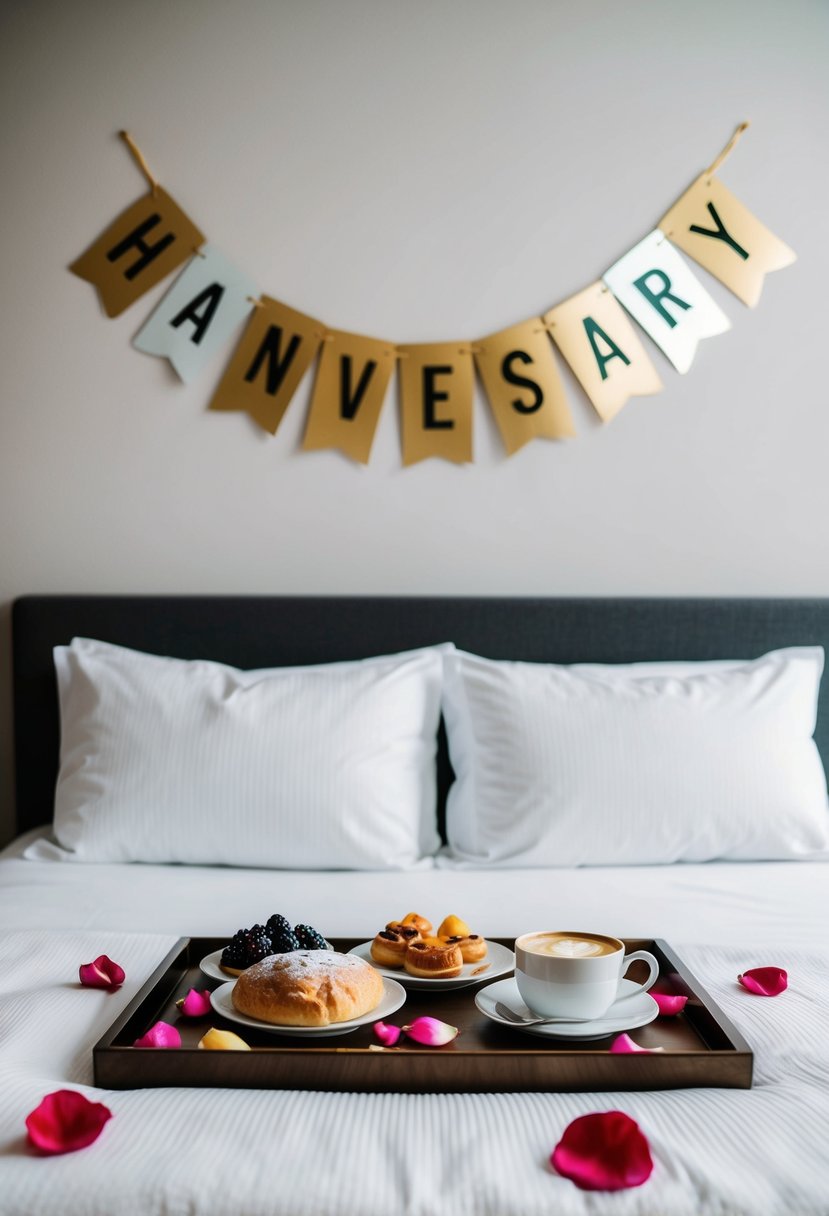 A tray of fresh pastries, fruit, and coffee on a bed with rose petals scattered around. A "Happy 35th Anniversary" banner hangs on the wall