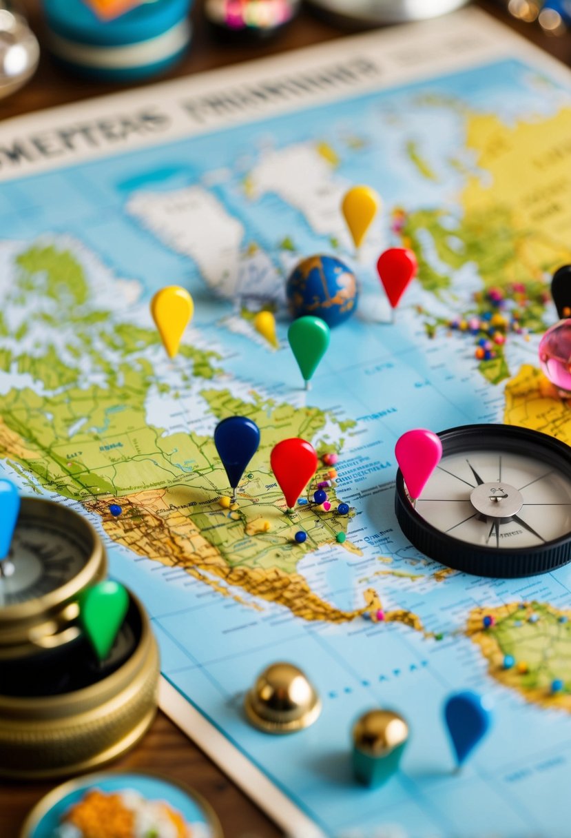 A vintage-style map with colorful pins marking various destinations, surrounded by travel-related trinkets and souvenirs