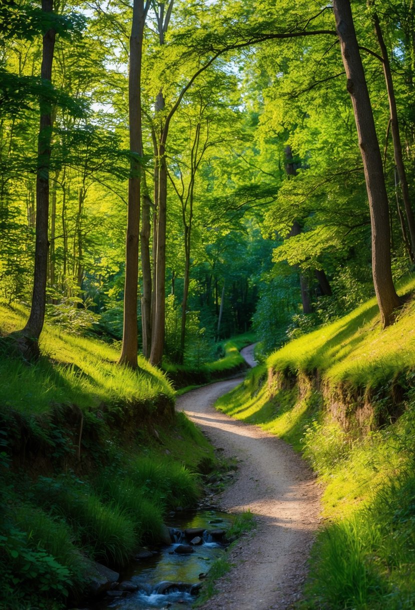 A winding trail through a lush forest, with sunlight filtering through the trees and a small stream flowing alongside