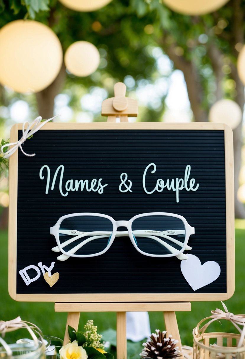 A blackboard with two pairs of glasses and the names of a couple written on them, surrounded by wedding-themed DIY decorations