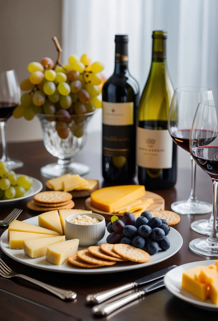 A table set with an assortment of cheeses, crackers, and grapes, alongside bottles of wine and elegant glassware