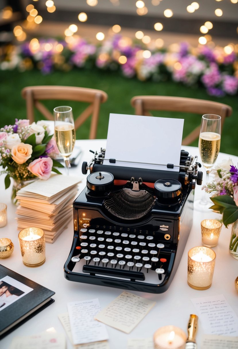 A table set with a vintage typewriter and stacks of love letters, surrounded by flowers and candles, with a photo album and champagne nearby