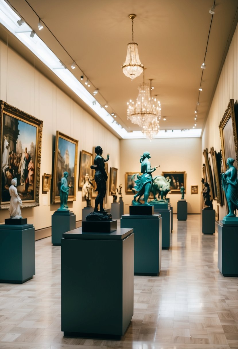 A museum gallery filled with colorful paintings and sculptures, with soft lighting and elegant decor