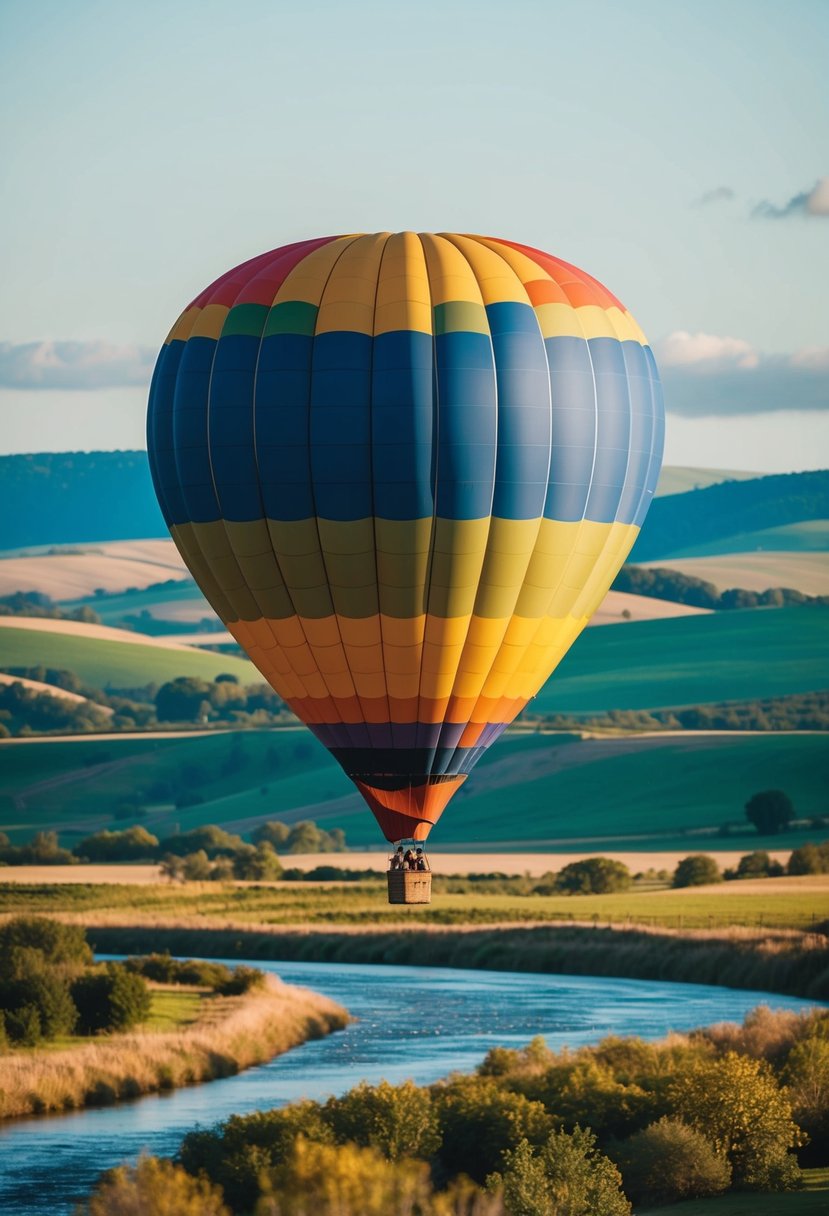 A colorful hot air balloon floats above a serene landscape with rolling hills and a sparkling river below