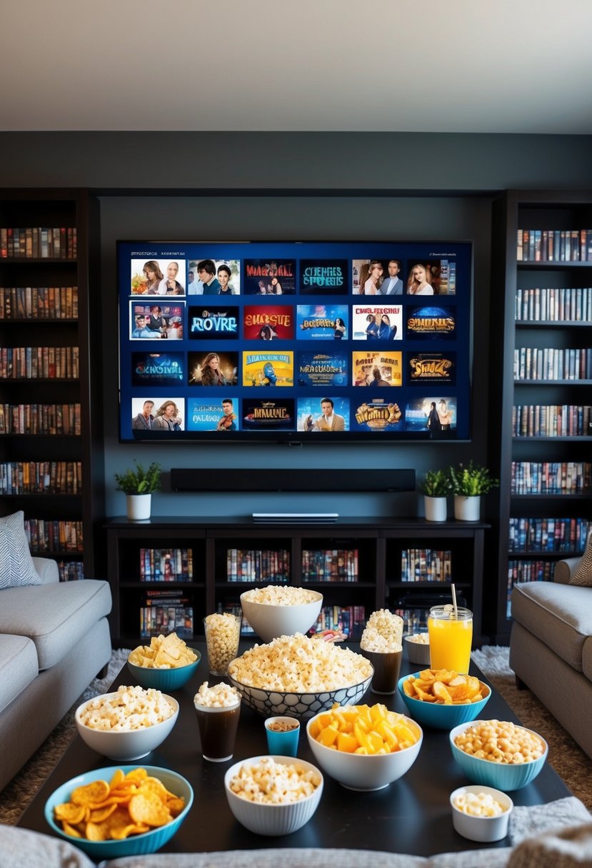 A cozy living room with a big screen TV, surrounded by shelves of classic movie DVDs and a table spread with popcorn, snacks, and drinks