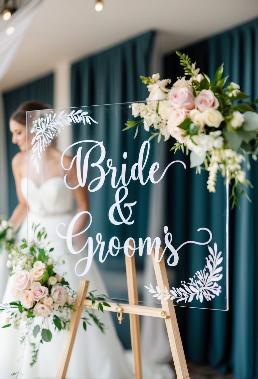 A bride and groom's names painted in elegant calligraphy on a clear acrylic sign, surrounded by delicate floral designs