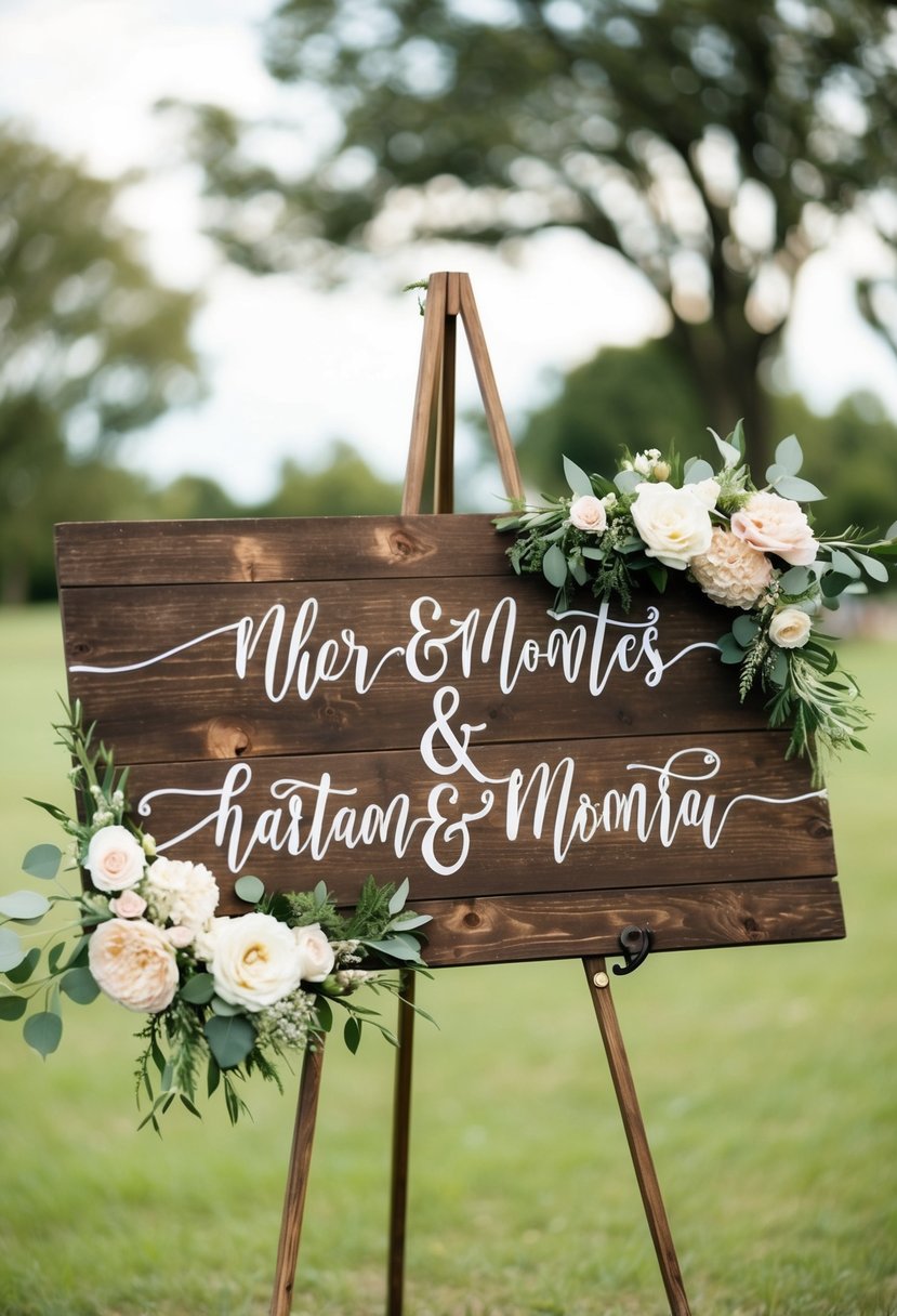 A rustic wooden sign adorned with floral accents and the couple's names in elegant calligraphy