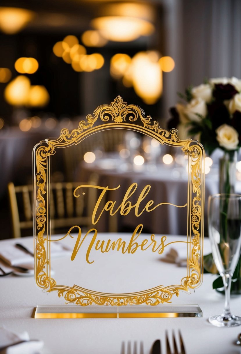 An ornate, gold-accented acrylic sign displays elegant script table numbers at a luxurious wedding reception