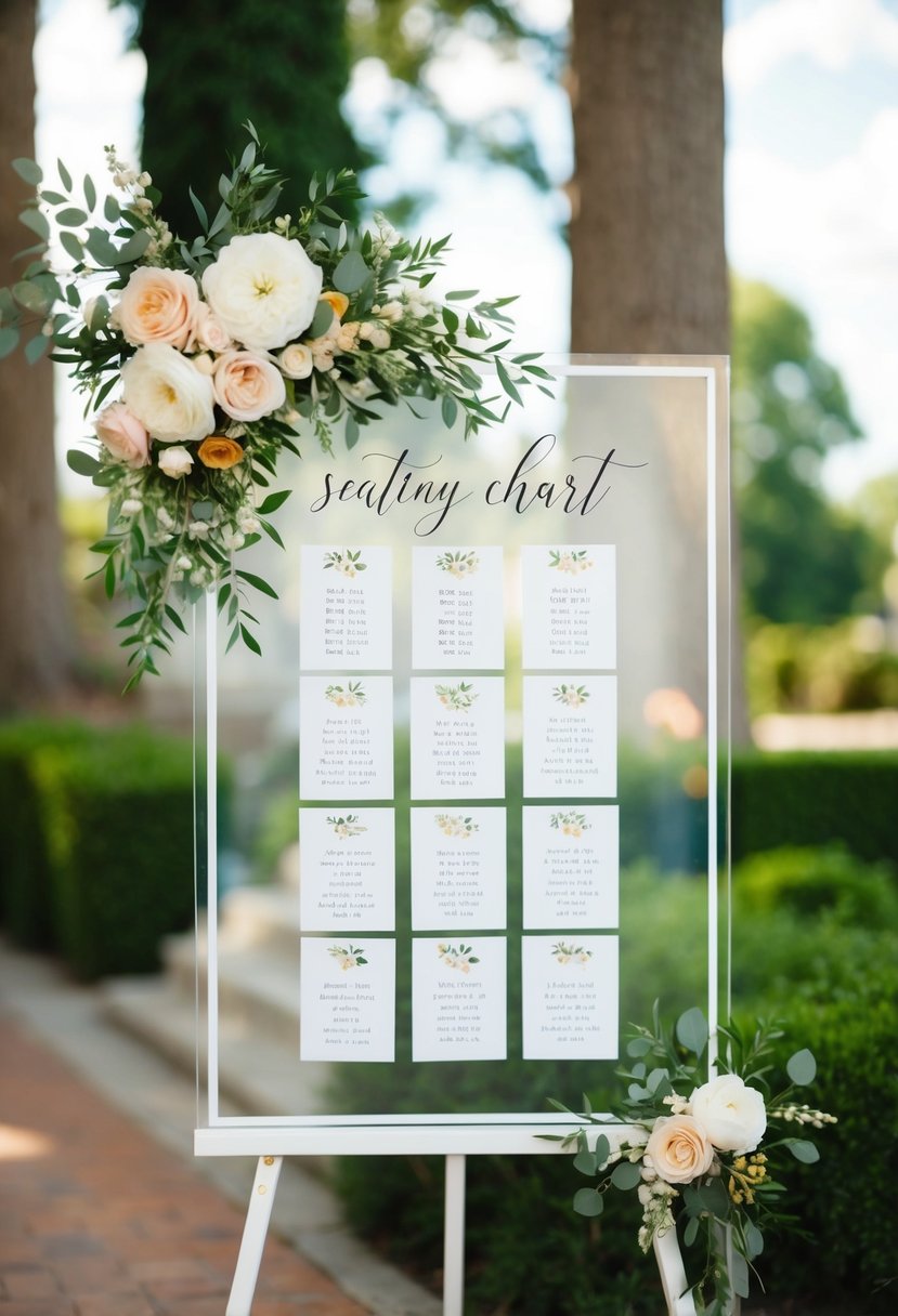 A seating chart adorned with a floral motif, displayed on an elegant acrylic wedding sign