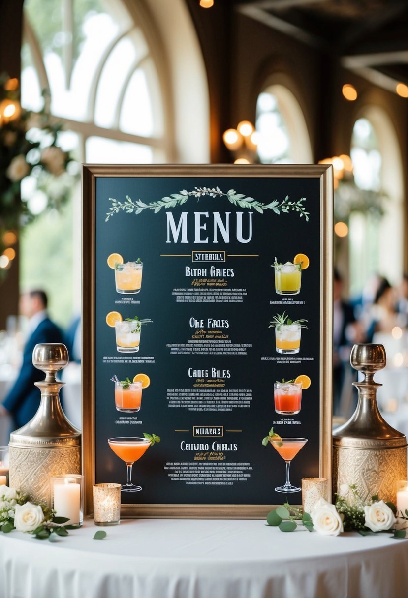 A bar menu board featuring custom cocktails, surrounded by elegant wedding decor