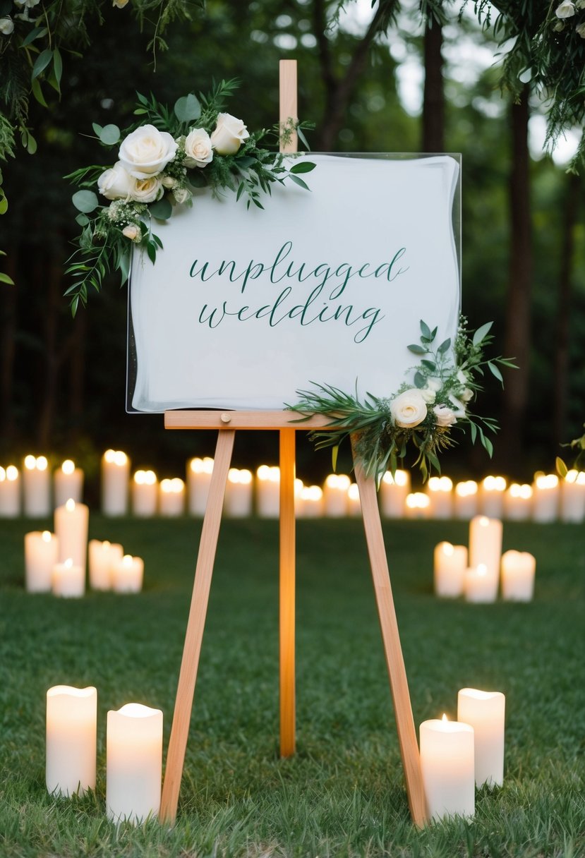 An elegant, hand-painted acrylic sign stands on a wooden easel, surrounded by lush greenery and soft candlelight, creating a serene atmosphere for an unplugged wedding ceremony