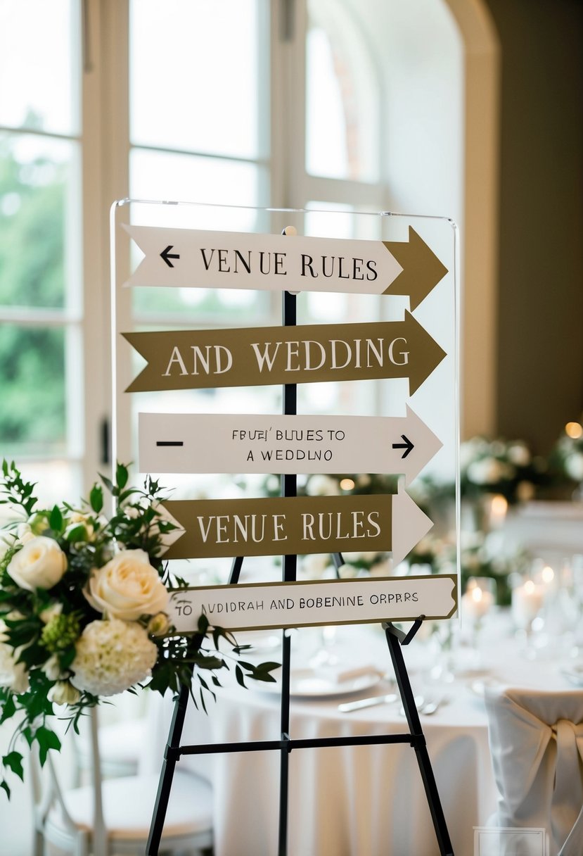 A wedding sign with directional arrows and venue rules displayed on an acrylic board in a stylish and elegant setting