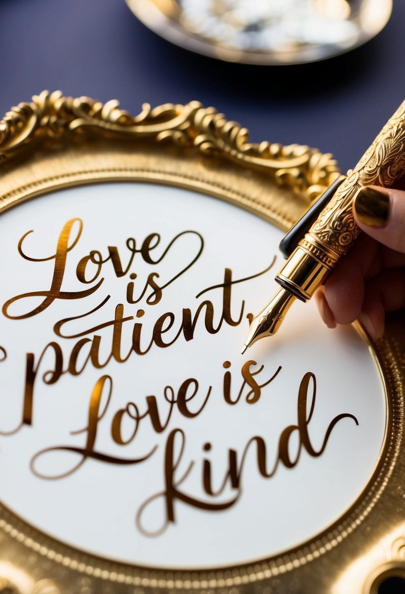 An ornate calligraphy pen gracefully inscribing the words "Love is Patient, Love is Kind" onto a gilded wedding sign