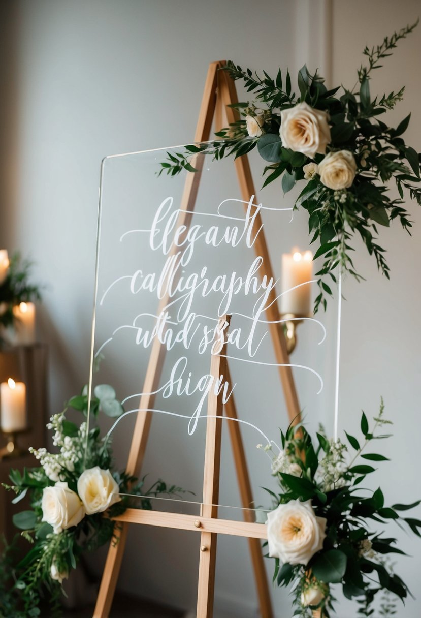 A clear acrylic sign with elegant calligraphy stands on a wooden easel, surrounded by delicate floral arrangements and soft candlelight