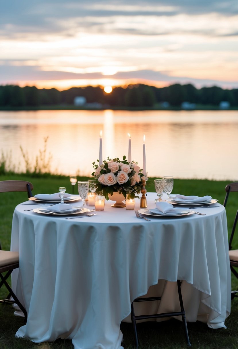 A table set with a white tablecloth, adorned with a bouquet of roses and lit candles, surrounded by two chairs with a view of a sunset over a calm lake