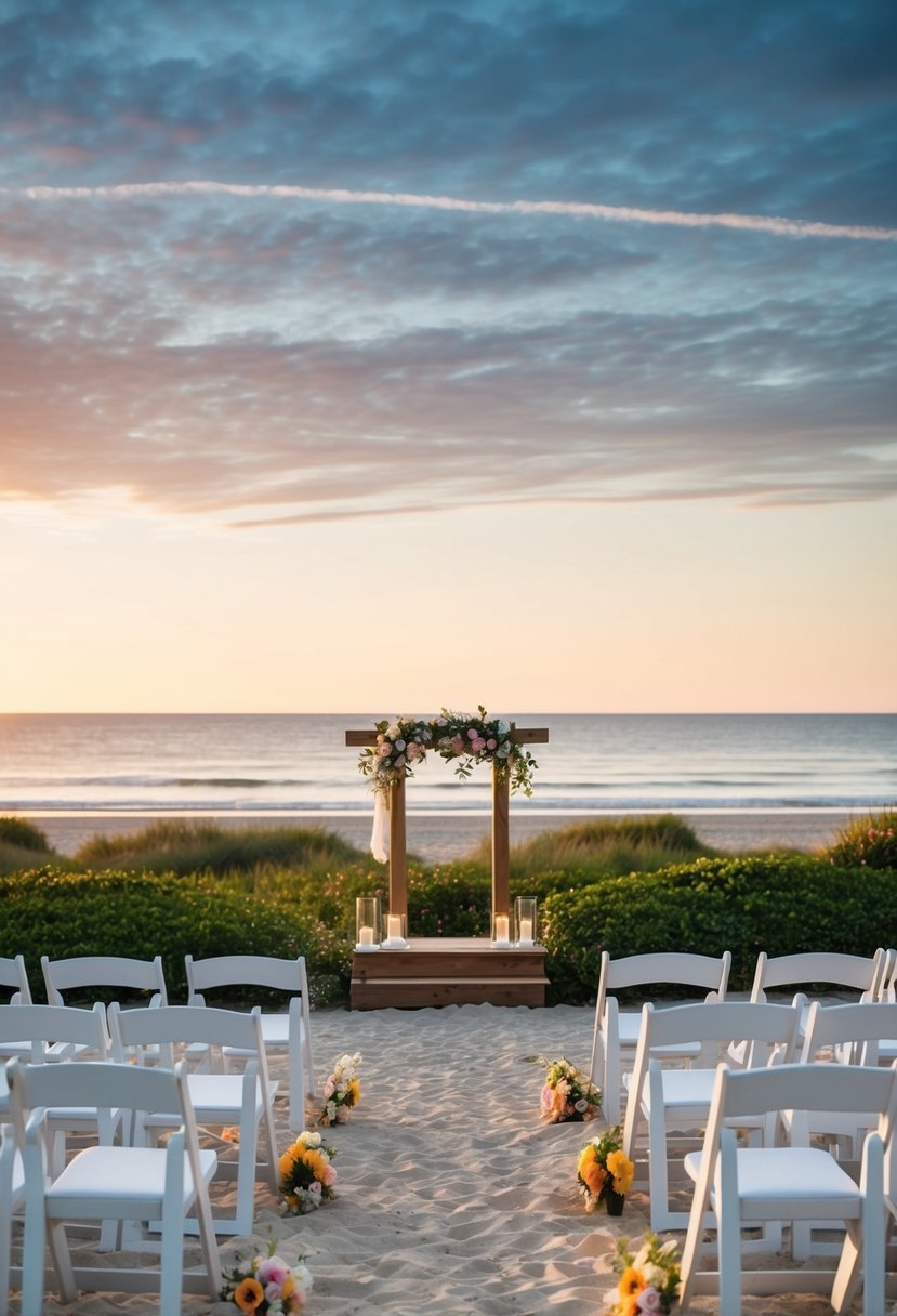 A picturesque beach with a simple wooden altar adorned with flowers, overlooking the ocean at sunset. White folding chairs are arranged in neat rows on the sand