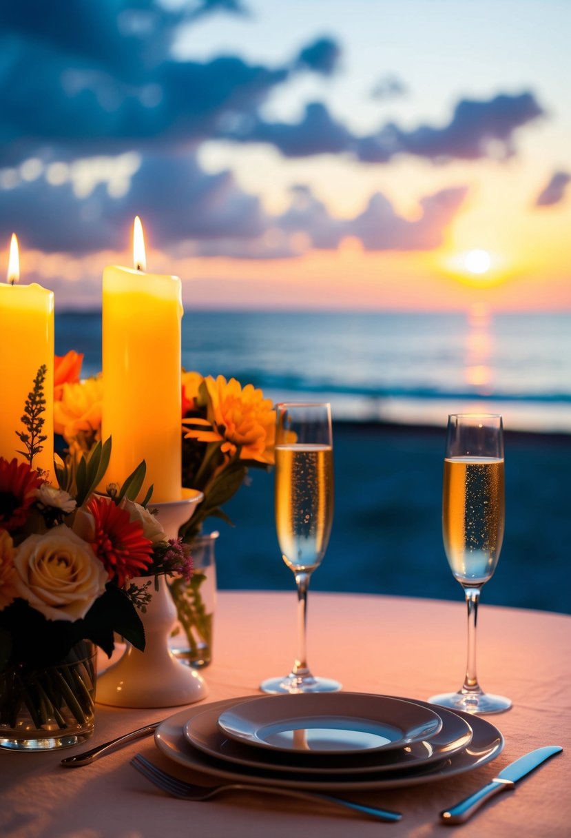 A candlelit table with flowers and champagne, overlooking a sunset on the beach