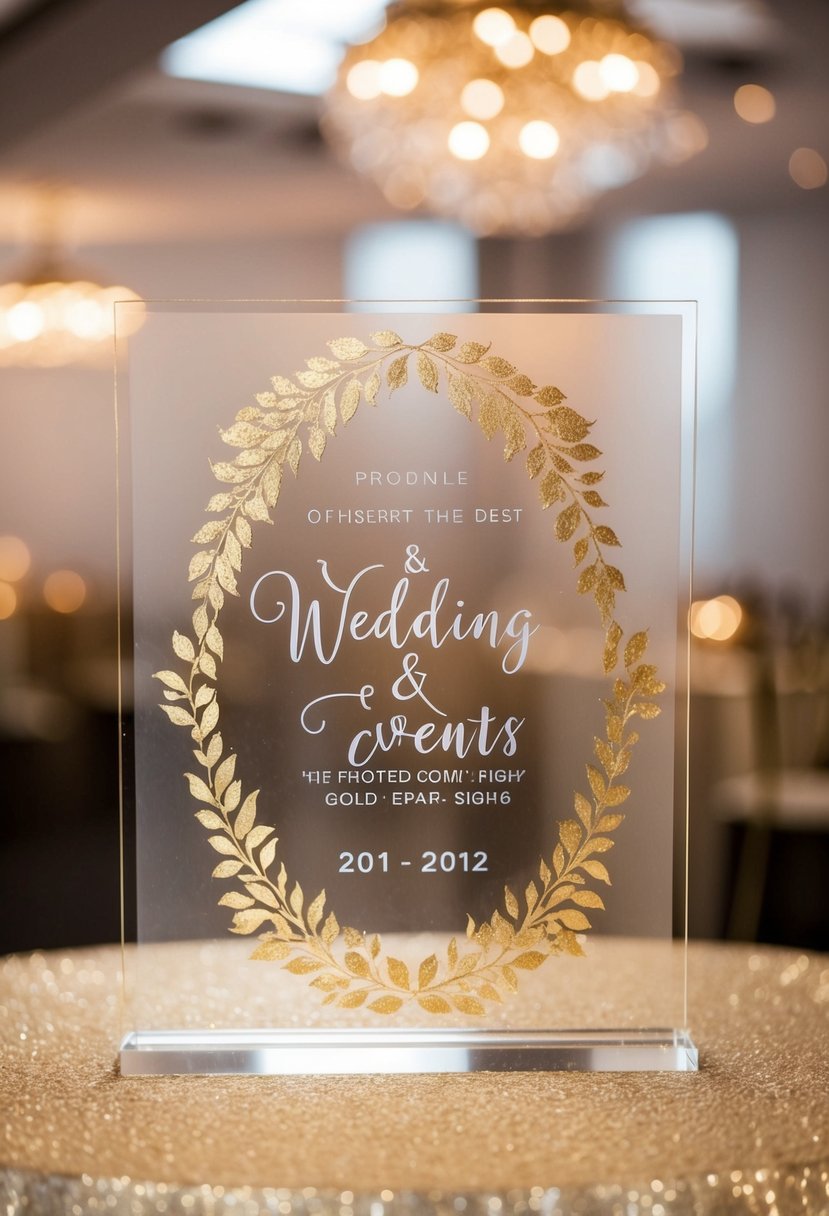 A frosted acrylic sign with intricate gold leaf detailing for a wedding event