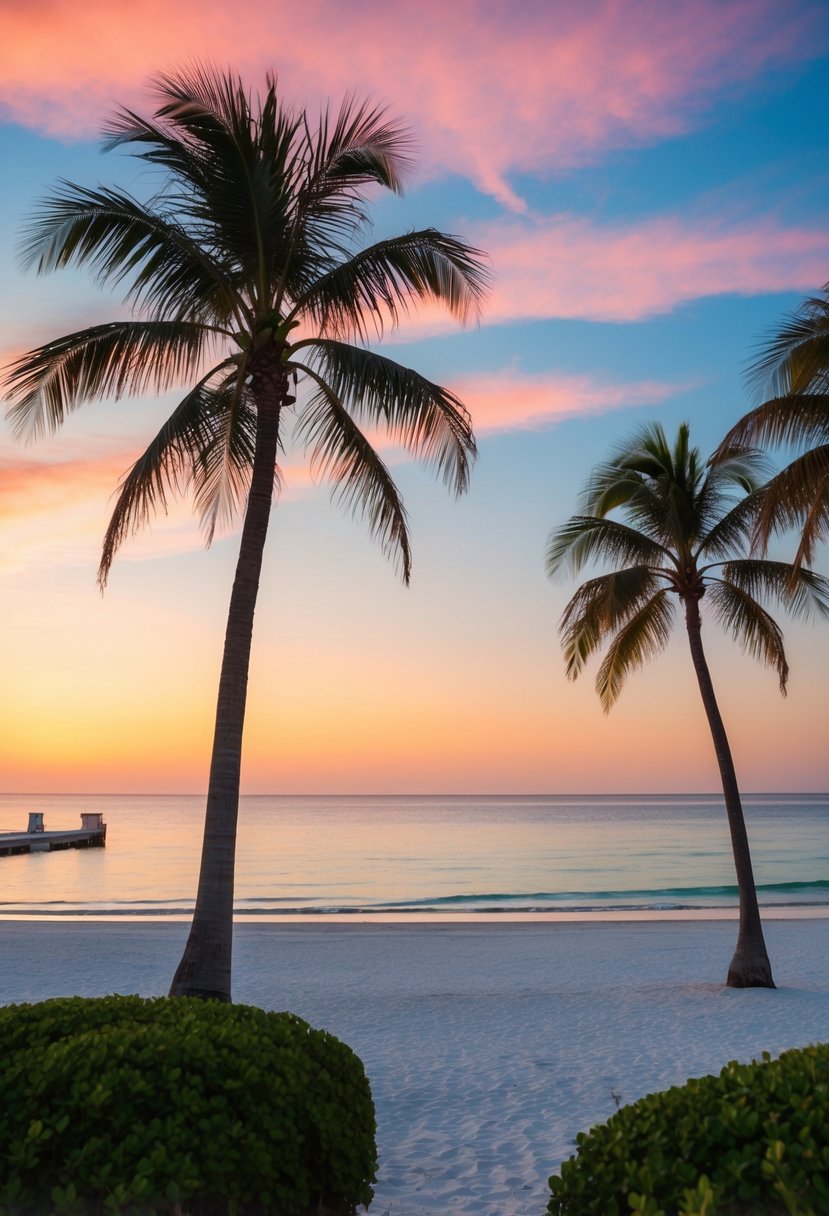 A serene beachfront with palm trees, white sand, and crystal-clear waters. A colorful sunset casts a warm glow over the tranquil scene